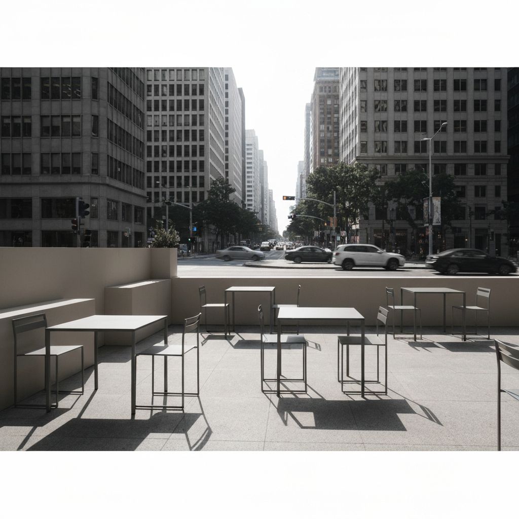 Outdoor cafe setting with city street view