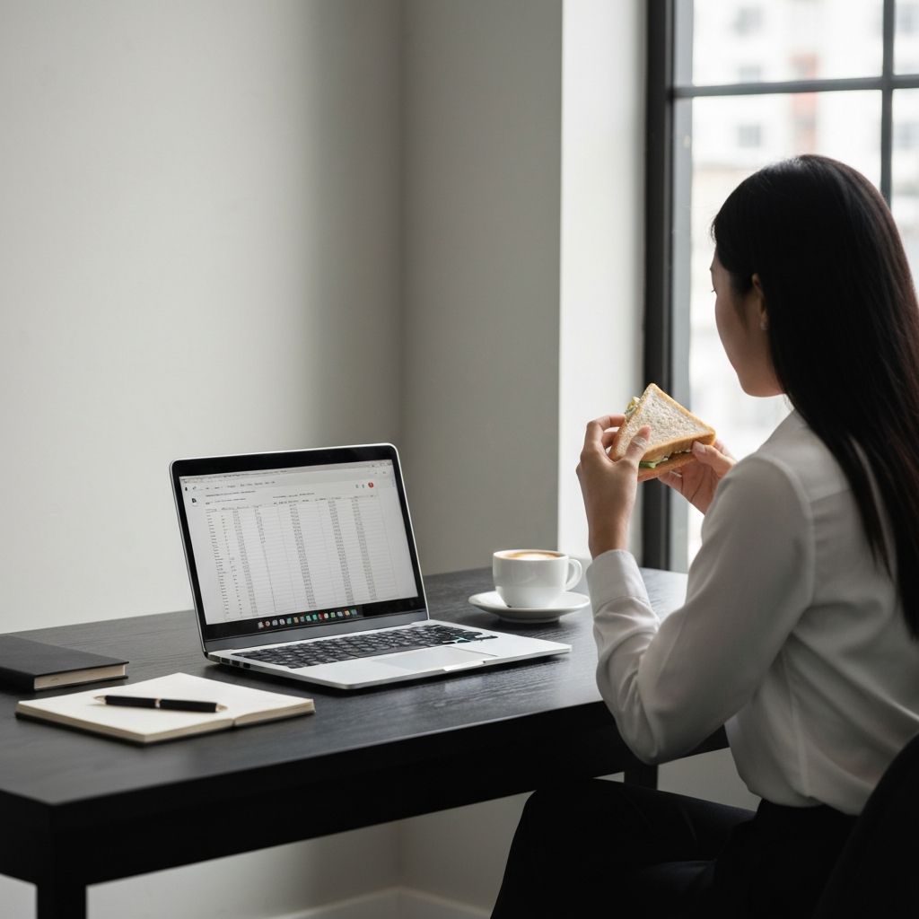 Work desk with laptop and simple meal during break
